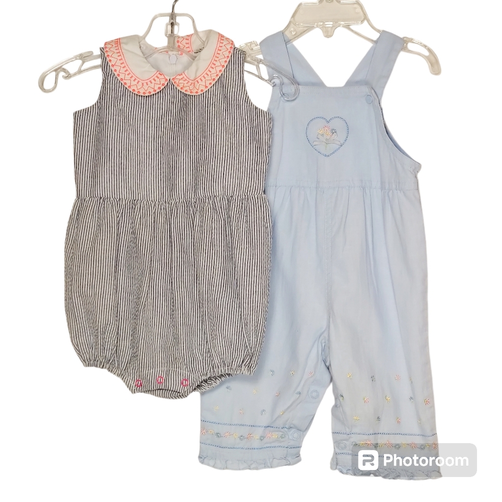 6 Month Bundle: Striped EGG Romper & Blue Carters Infant Overalls